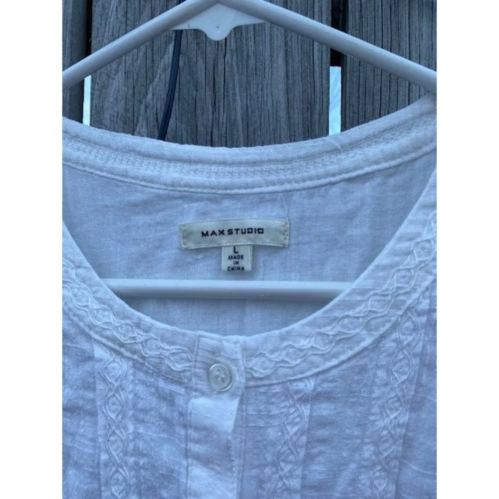 Max Studio White Ruffle Sleeve Eyelet Cotton Blend Shift Dress A902E60A Womens L - Picture 3 of 6